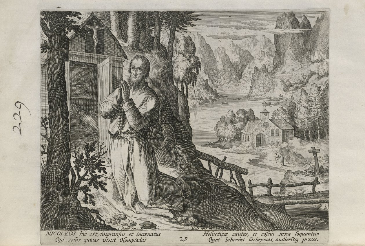 Nicoleos, prancha 29 de 30 da série Sylvae Sacrae (Eremitas em paisagens) de Johann Sadeler I