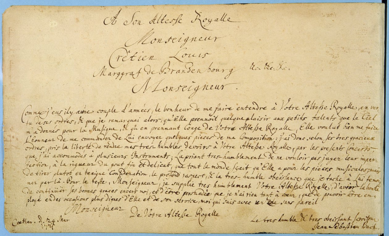 Escrita manuscrita de &39;Brandenburger Concertos&39; para Christian Ludwig, Margrave de Brandemburgo, em 24 de março de 1721 (caneta e tinta sobre papel) de Johann Sebastian Bach