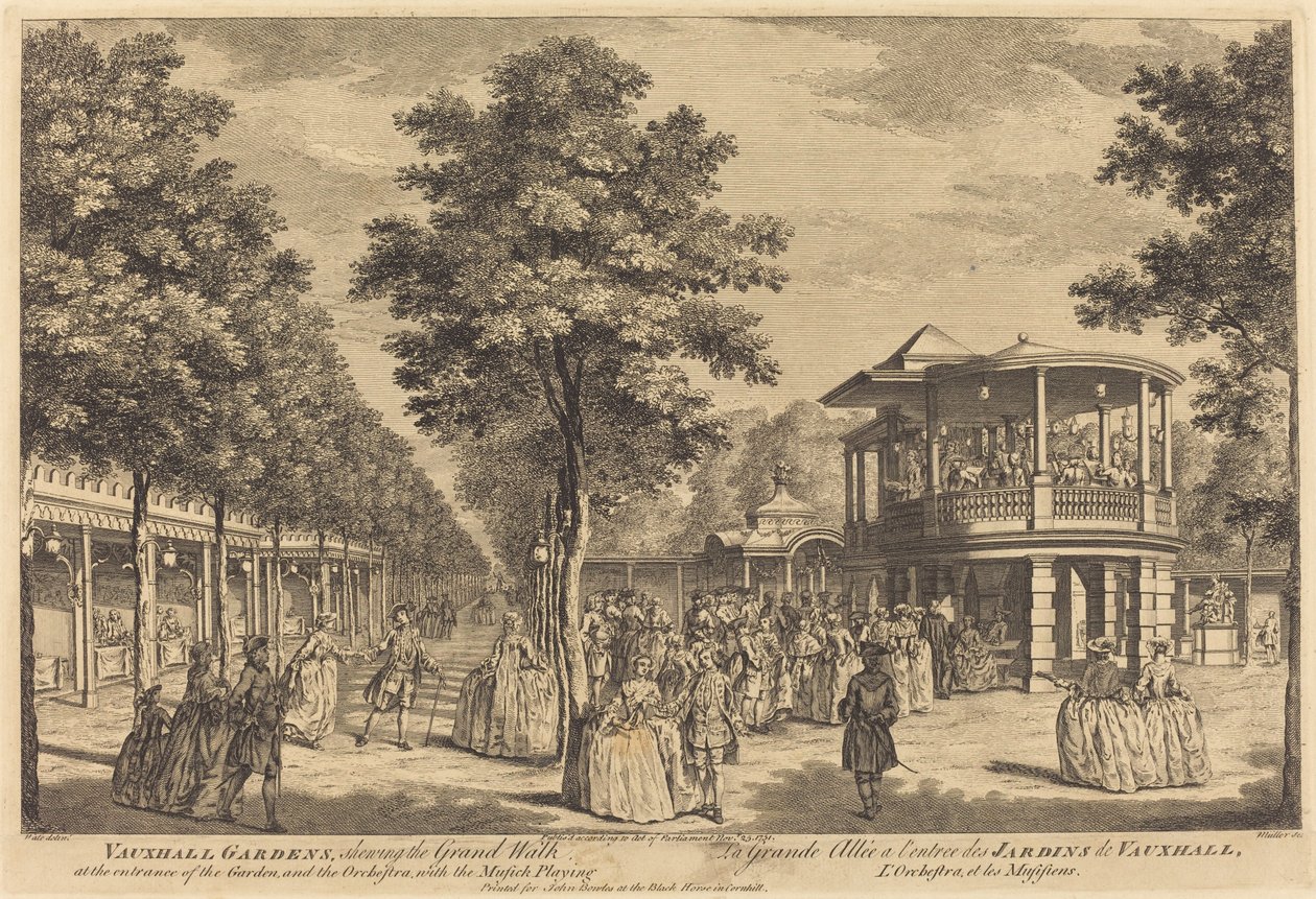 Vauxhall Gardens mostrando o Grand Walk na entrada do jardim e a orquestra com música tocando de Johann Sebastian Müller after Samuel Wale