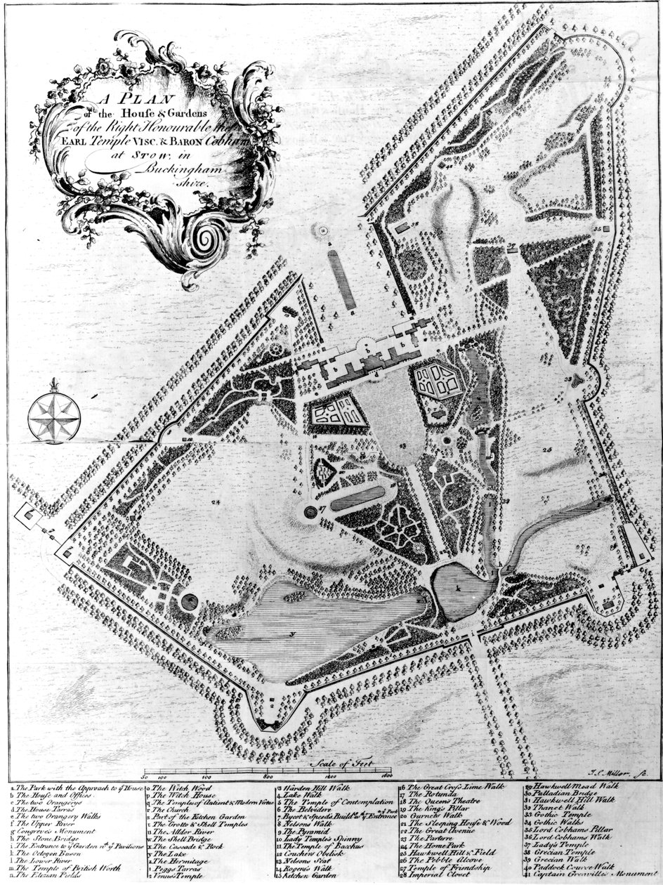 Um plano da casa e jardins em Stowe, Buckinghamshire de Johann Sebastien Muller