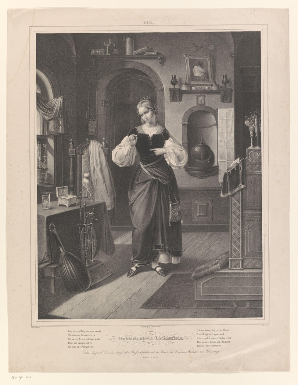 Interior com mulher com anel na mão Töchterlein de Goldschmied (título no objeto) A Filha do Ourives (título da série) de Johann Sprick