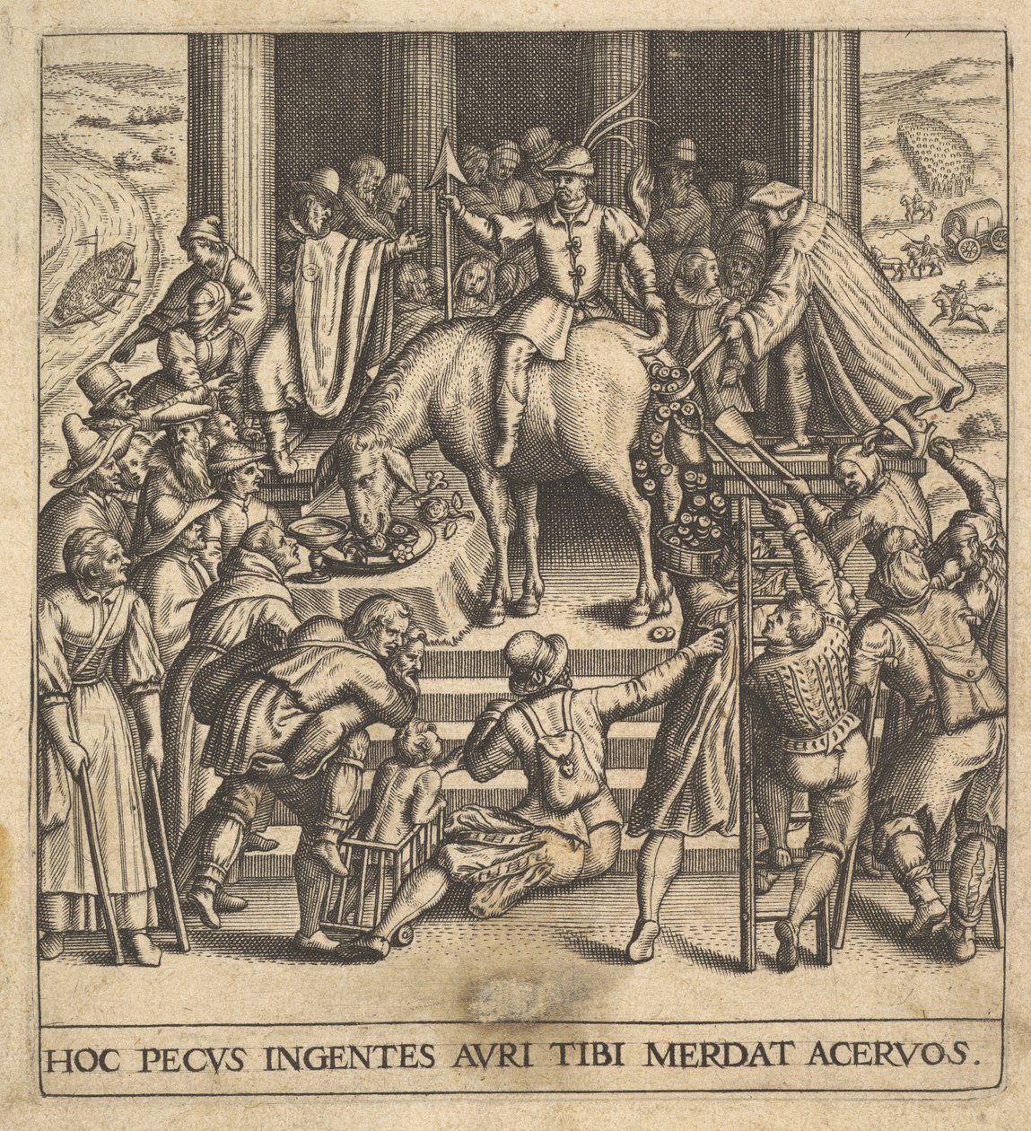 Homens coletando esterco caindo dos quartos traseiros de uma mula, com um cavaleiro sentado ba ..., 1592-1614. de Johann Theodor de Bry
