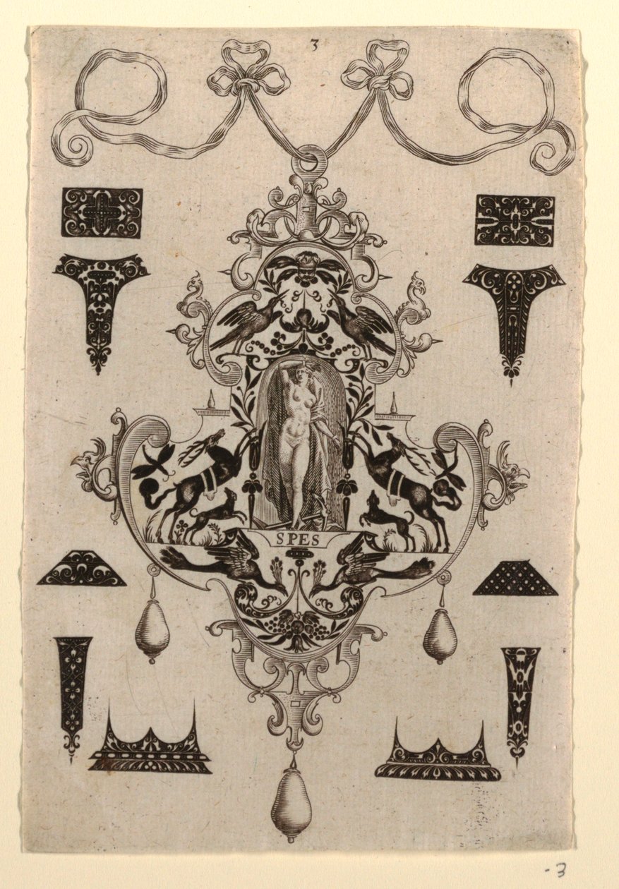 Design de pingente com a Virtude Hope, Placa 3, de uma série de oito designs de pingente com as virtudes cardeais de Johann Theodor de Bry