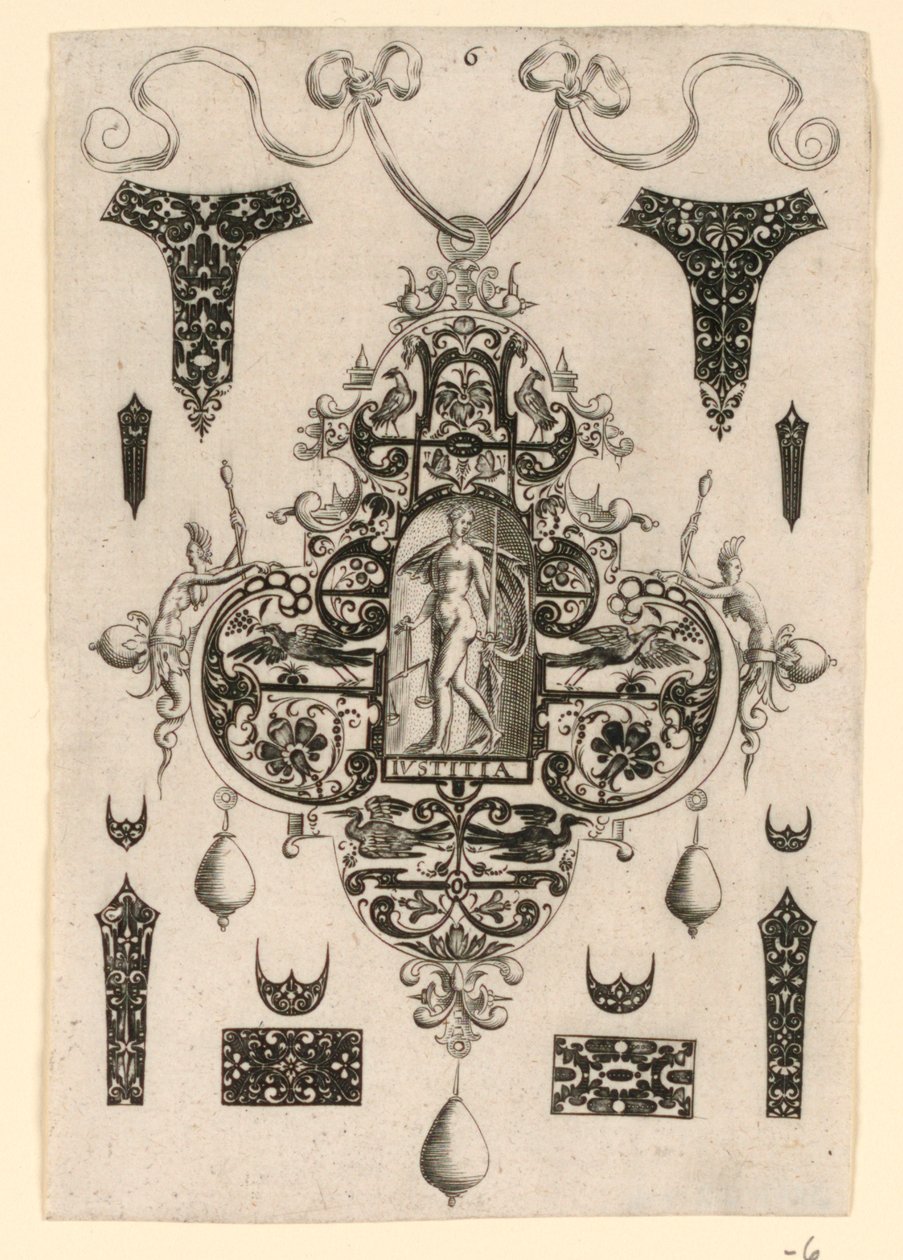 Placa 6, de uma série de oito desenhos de pingentes com as virtudes cardeais de Johann Theodor de Bry