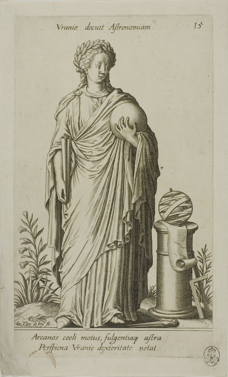 Urania, Musa de Astronomia, placa 15 do Parnassus Biceps de Johann Theodor de Bry
