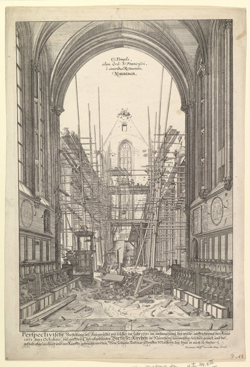Vista da Igreja dos Franciscanos em Nurembergue sob Reconstrução, da série V....n.d. de Johann Ulrich Kraus