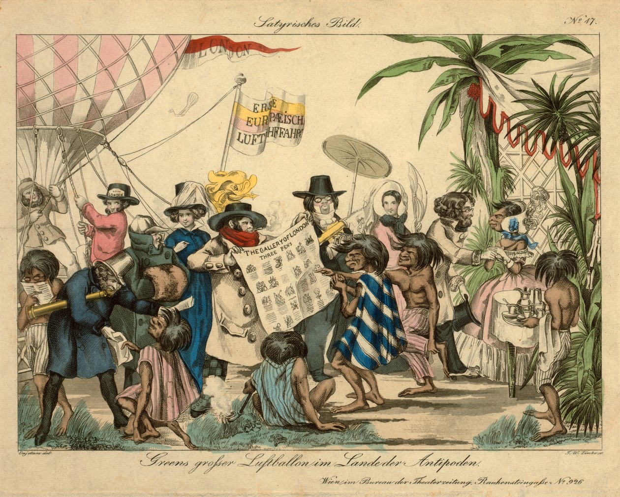 Balão de ar quente verde nos Antipodes, c.1840 (gravura colorida à mão) de Johann Wenzel Zinke