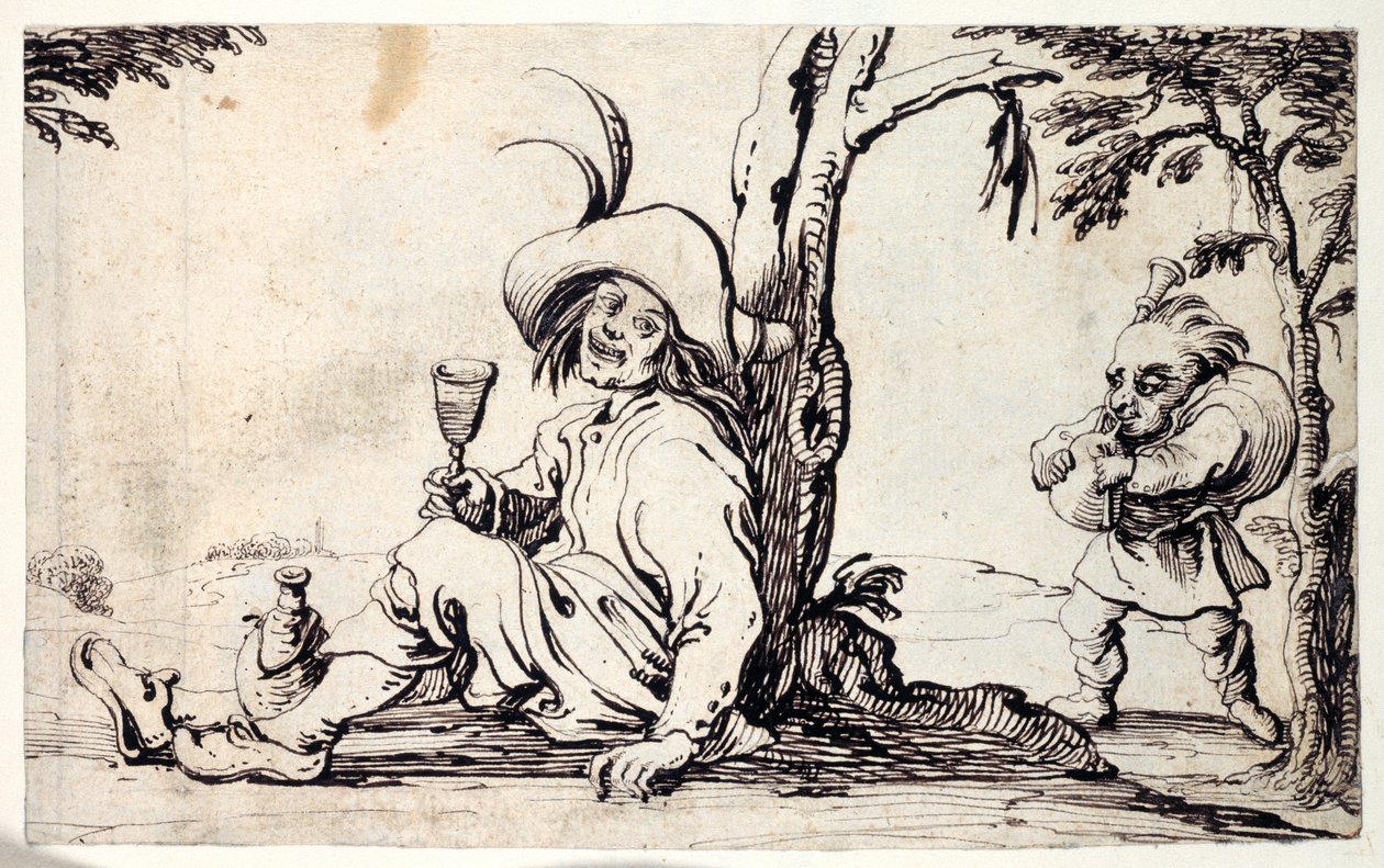 O vereador sentado refrescando-se e um anão com gaita de foles (caneta e tinta sobre papel) de Johann Wilhelm Baur