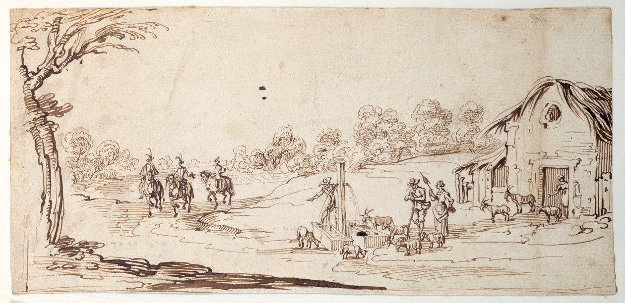 Cena rural (caneta e tinta sobre papel) de Johann Wilhelm Baur