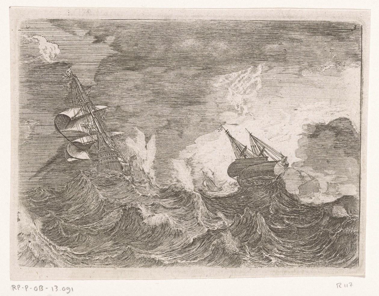 Cinco navios à vela no mar durante uma tempestade
Navios em tempo tempestuoso (título da série) de Johann Wilhelm Baur