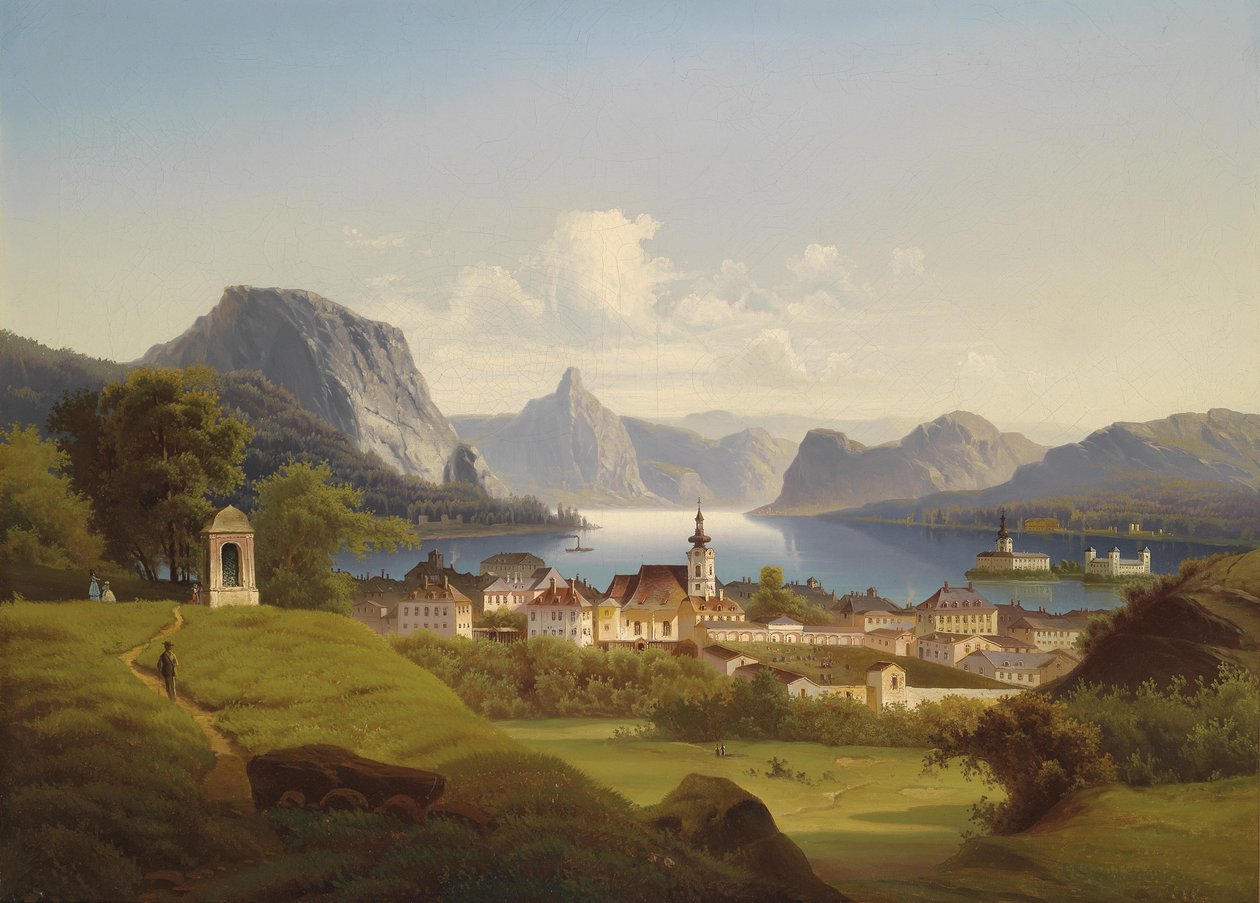 Vista de Gmunden com Schloss Ort ao fundo, 1870 de Johann Wilhelm Jankowski