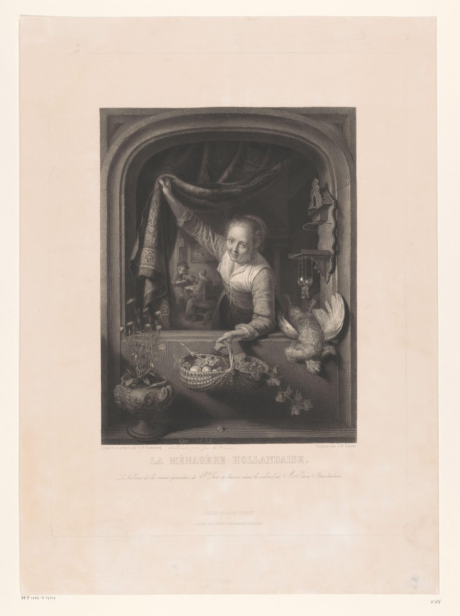 Mulher com cesta de frutas à disposição pela janela La menagerè Hollandaise (título no objeto) de Johann Wilhelm Kaiser (I)