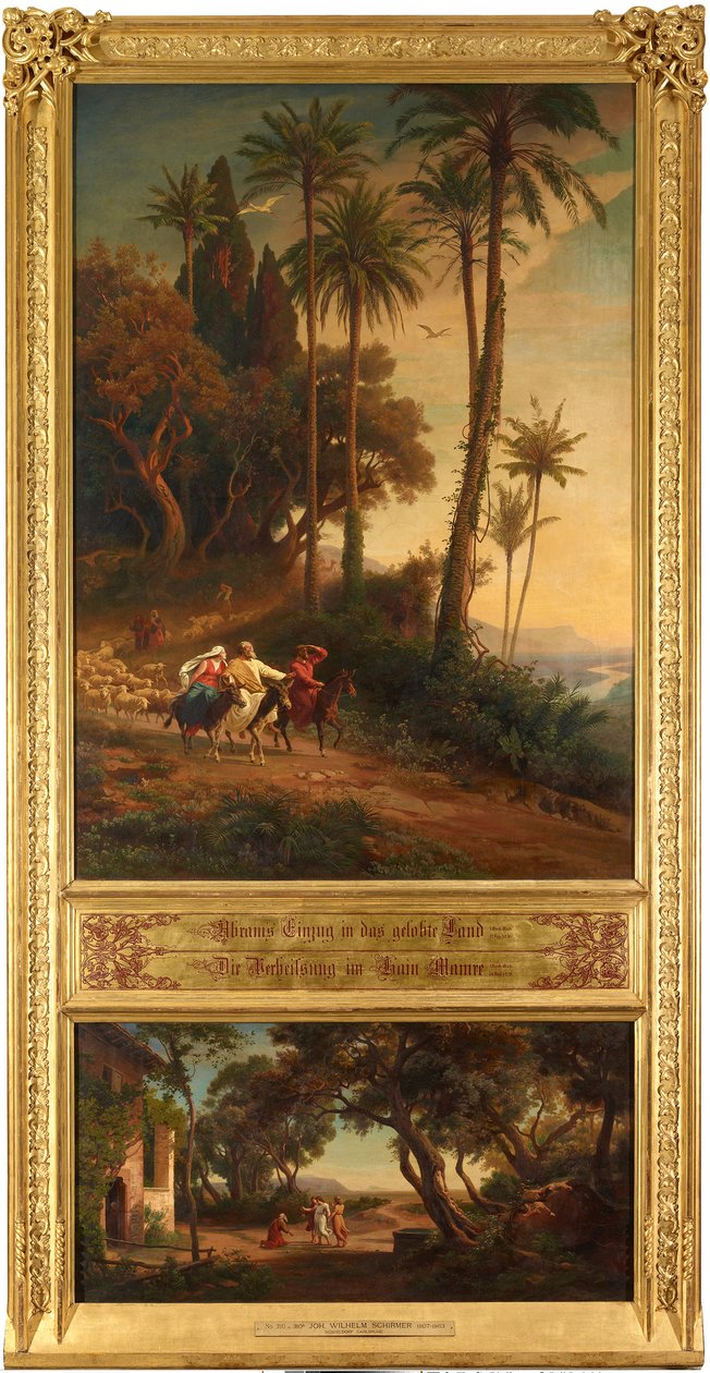 A entrada de Abraão na Terra Prometida (em cima). Promessa no bosque de Mambré (em baixo). Do ciclo «Doze paisagens bíblicas com a história de Abraão» de Johann Wilhelm Schirmer