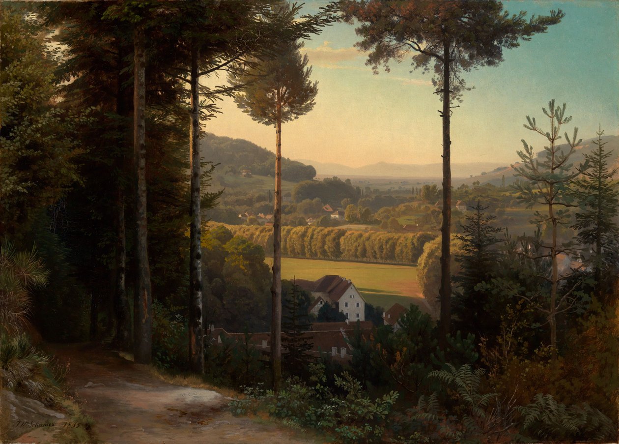 O vale do Oos com vista para a planície do Reno e os Vosgos, ao entardecer de Johann Wilhelm Schirmer