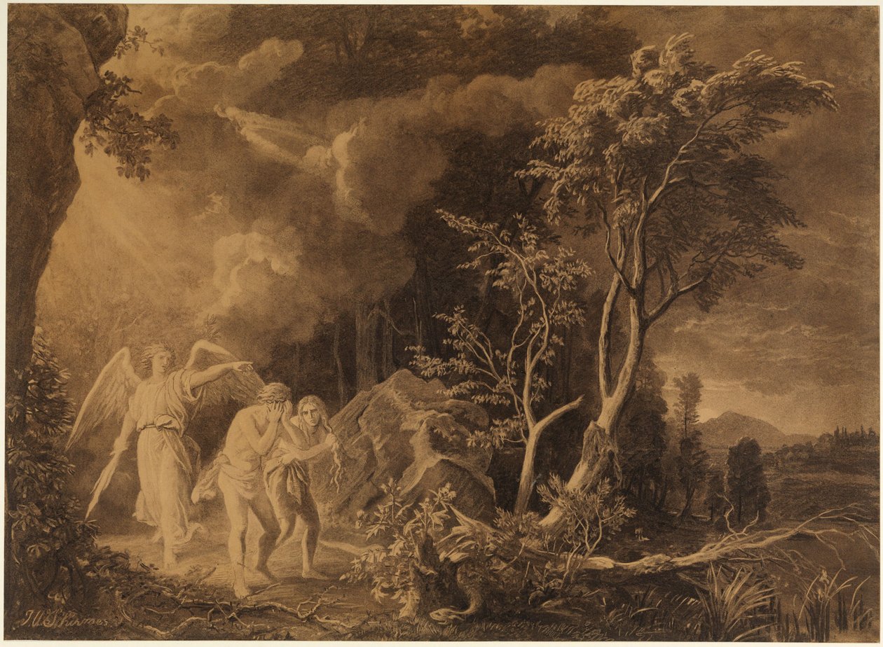 A expulsão do Paraíso (Génesis 3, 23-24) de Johann Wilhelm Schirmer