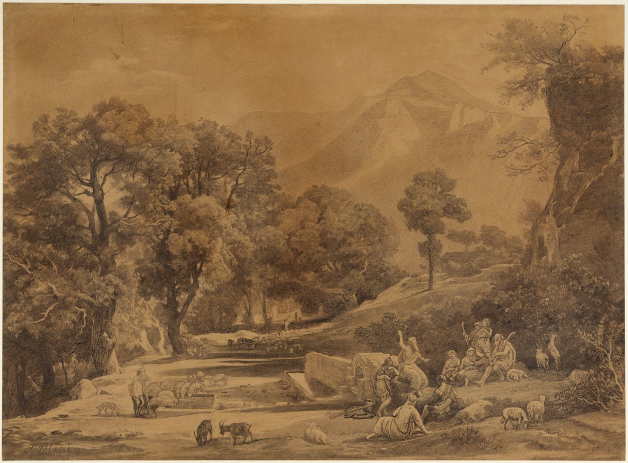 O primeiro sermão na tribo de Set perante pastores nas montanhas (Génesis 4, 26) de Johann Wilhelm Schirmer