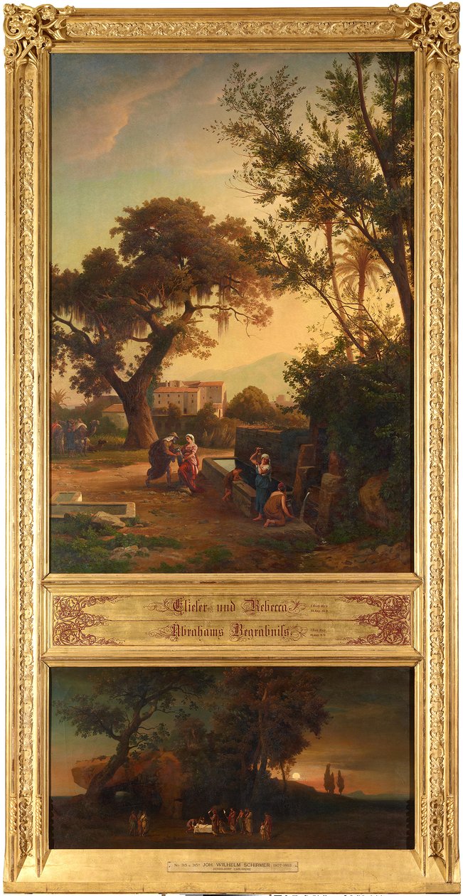 Eliezer e Rebeca junto ao poço (em cima). O funeral de Abraão (em baixo). Do ciclo «Doze paisagens bíblicas com a história de Abraão» de Johann Wilhelm Schirmer