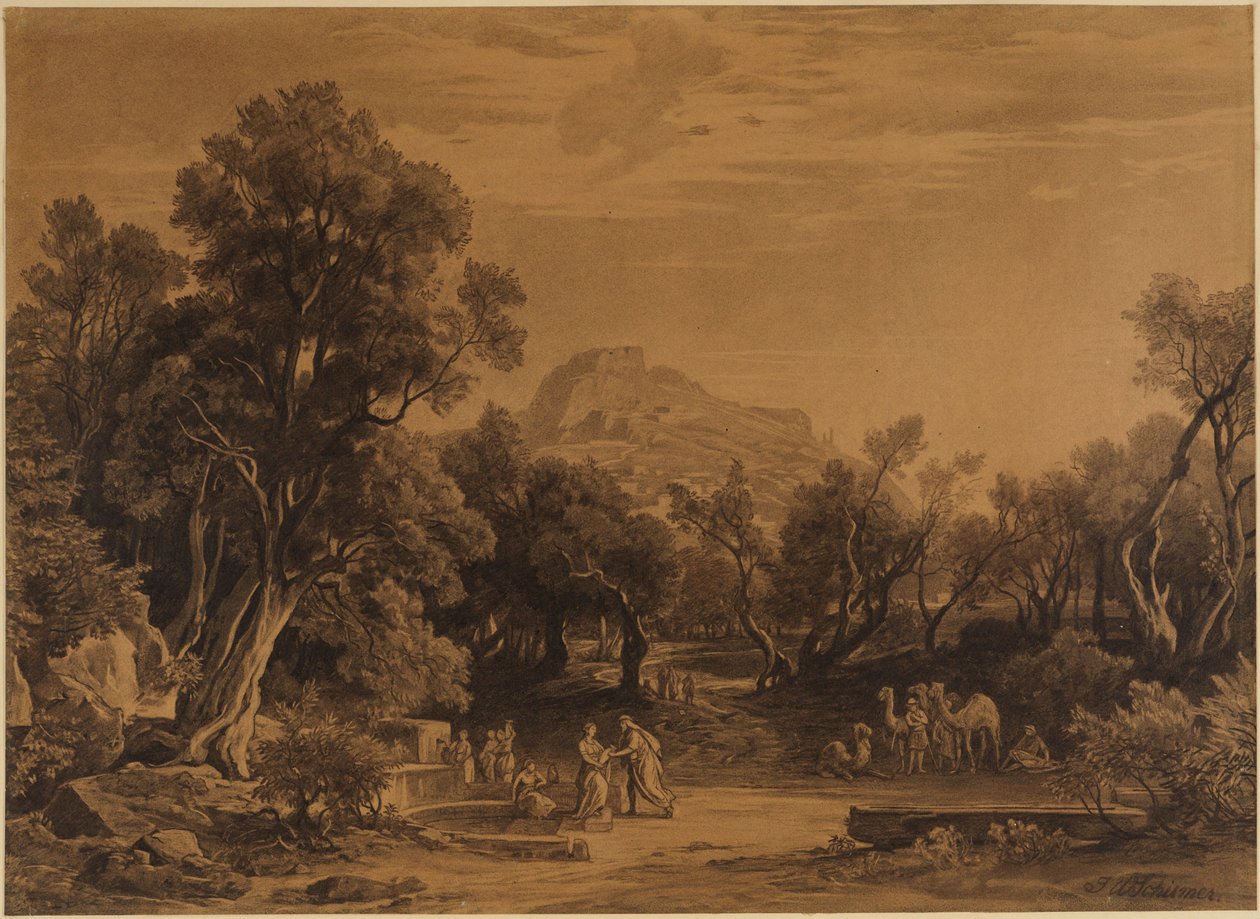 Eliézer e Rebeca junto ao poço (Génesis 24, 17-18) de Johann Wilhelm Schirmer