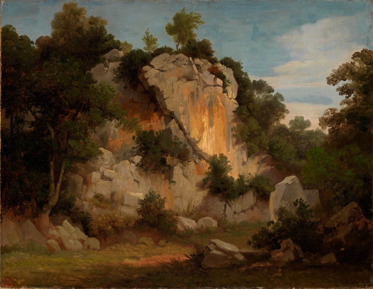 Paredão rochoso com árvores e arbustos de Johann Wilhelm Schirmer