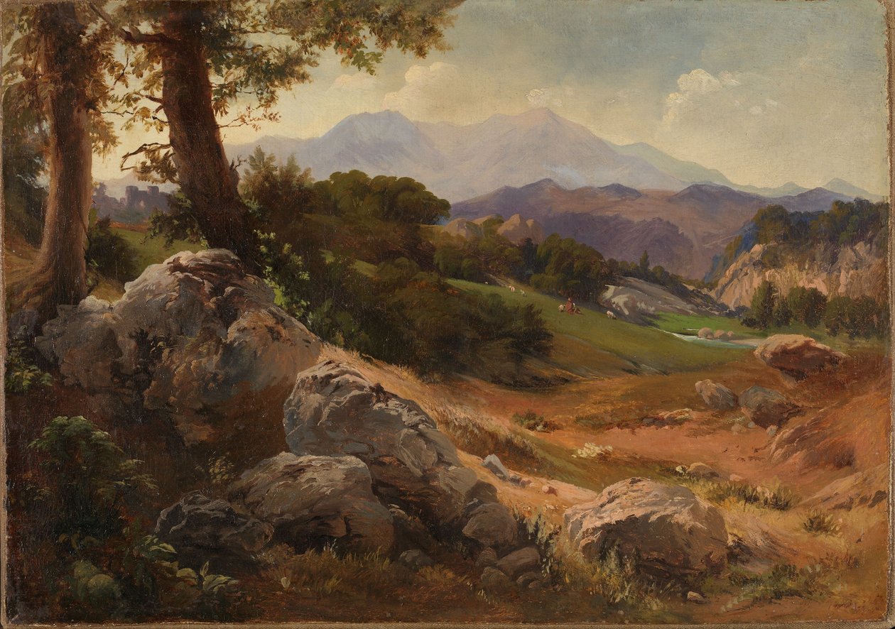 Paisagem montanhosa com cabras de Johann Wilhelm Schirmer