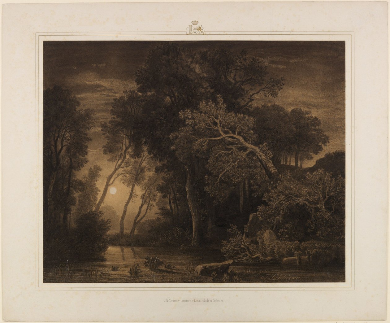 Paisagem fluvial com a lua a nascer de Johann Wilhelm Schirmer