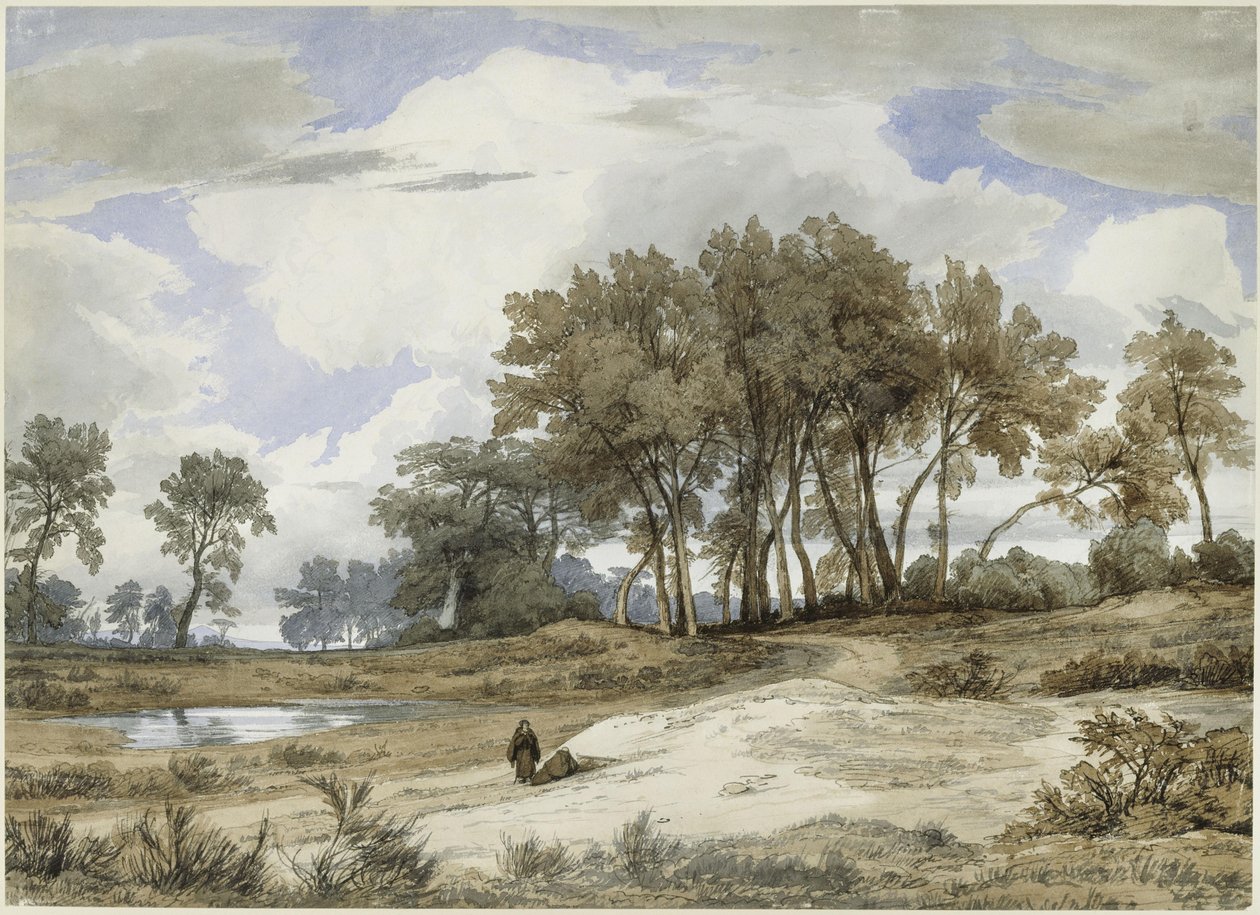 Paisagem italiana, com dois monges em primeiro plano de Johann Wilhelm Schirmer