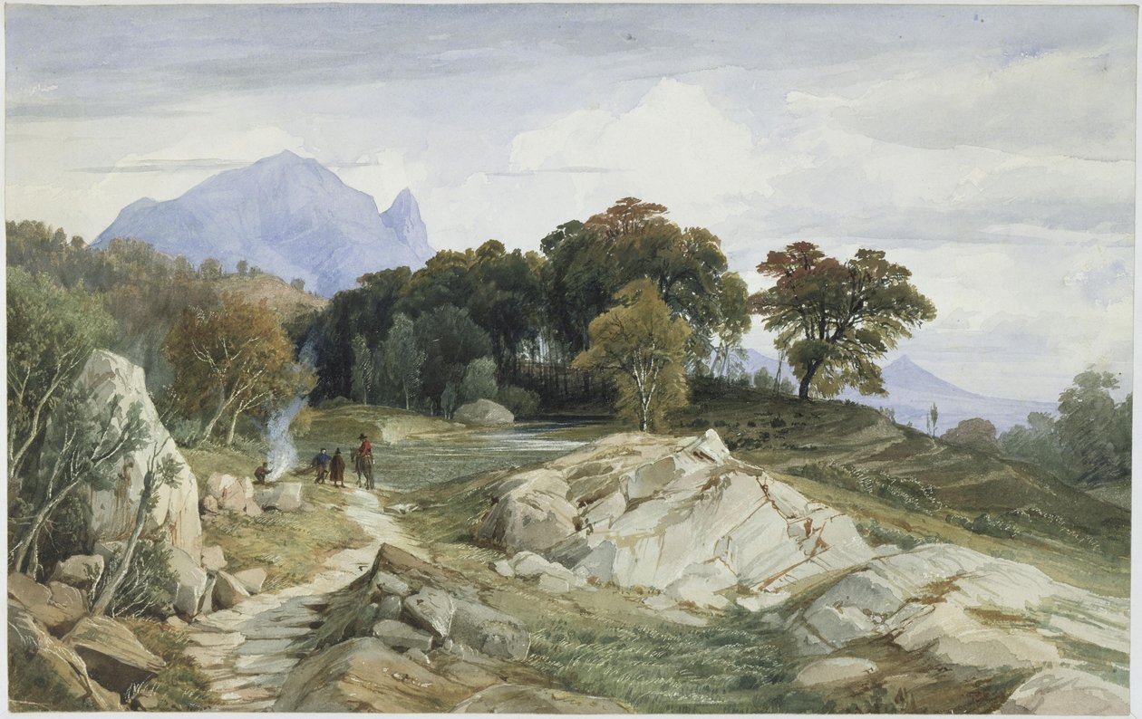 Paisagem florestal e montanhosa italiana, um cavaleiro e três homens junto à fogueira de Johann Wilhelm Schirmer