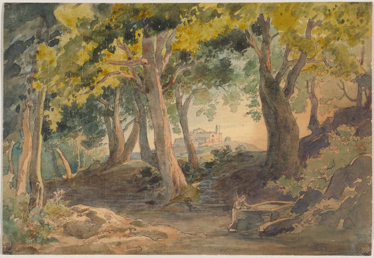 Paisagem — com árvores de folha caduca altas e antigas e uma colina com um castelo ao fundo de Johann Wilhelm Schirmer