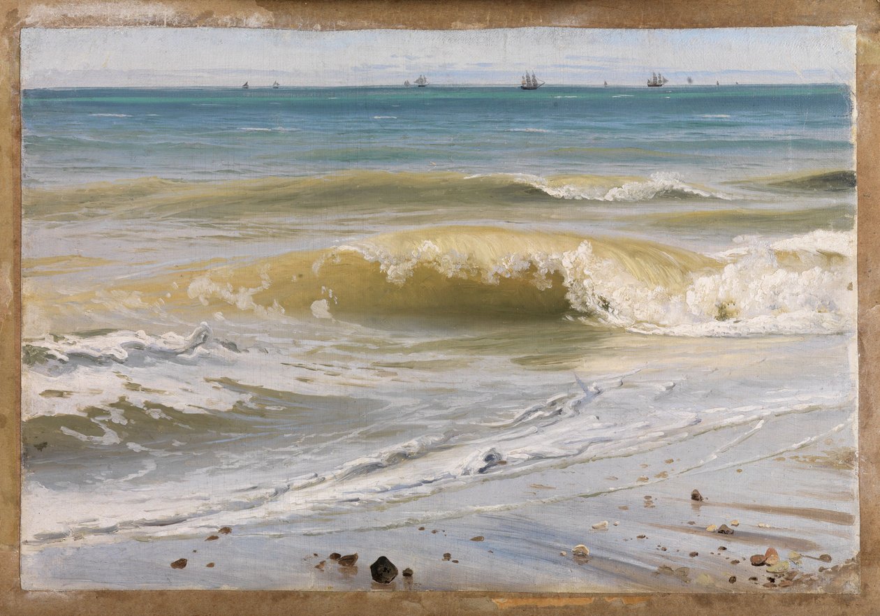 O bater das ondas com navios ao longe de Johann Wilhelm Schirmer
