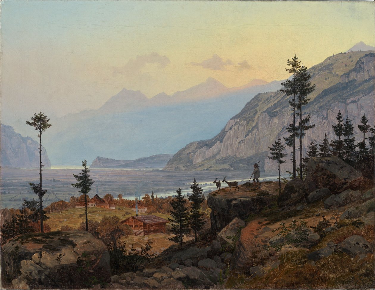 Paisagem alpina suíça com rio e lago de Johann Wilhelm Schirmer