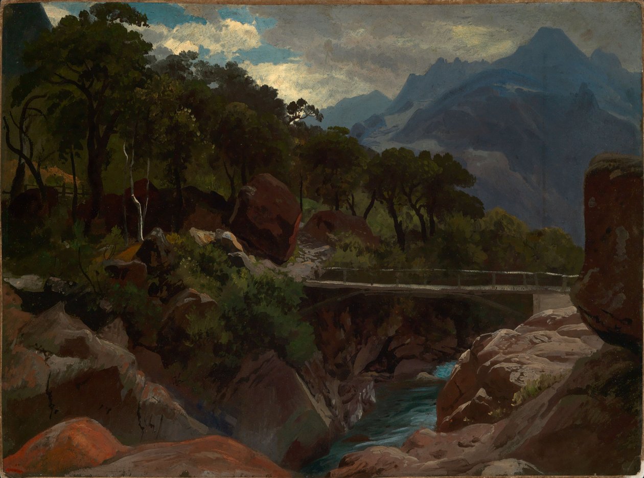Rio de montanha suíço com passadiço de Johann Wilhelm Schirmer