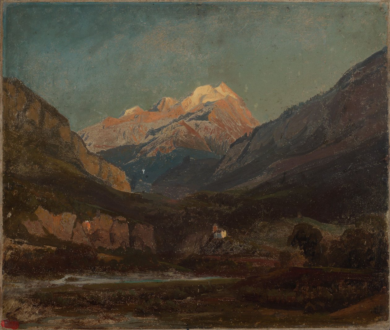Paisagem montanhosa suíça com capela e pico nevado distante de Johann Wilhelm Schirmer