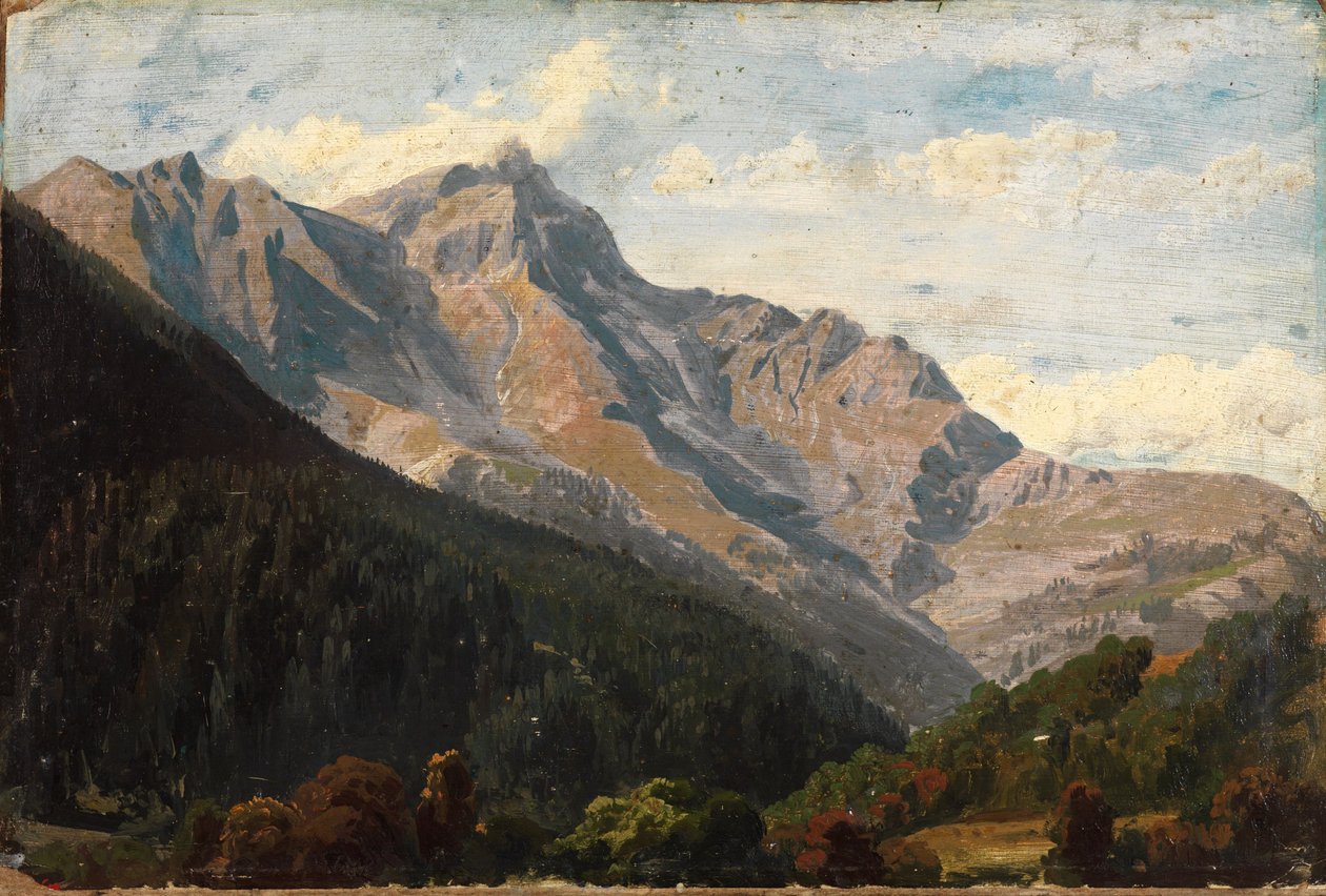Paisagem montanhosa suíça com o Piz Beverin ao fundo de Johann Wilhelm Schirmer