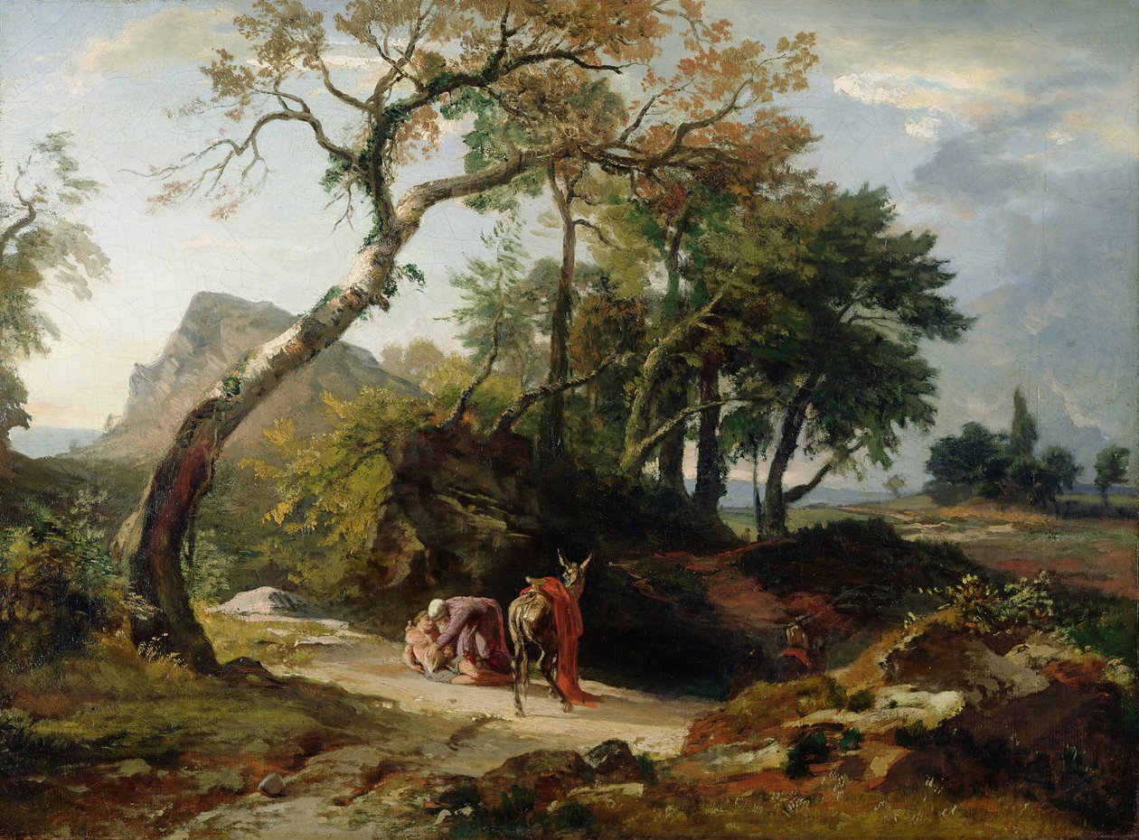 O Resgate do Homem Ferido pelo Misericordioso Samaritano (Noite) c.1856 de Johann Wilhelm Schirmer