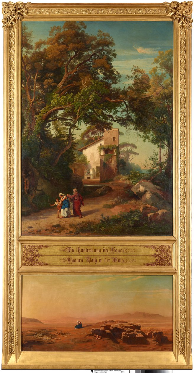 A expulsão de Hagar (em cima). Hagar no deserto (em baixo). Do ciclo «Doze paisagens bíblicas com a história de Abraão» de Johann Wilhelm Schirmer