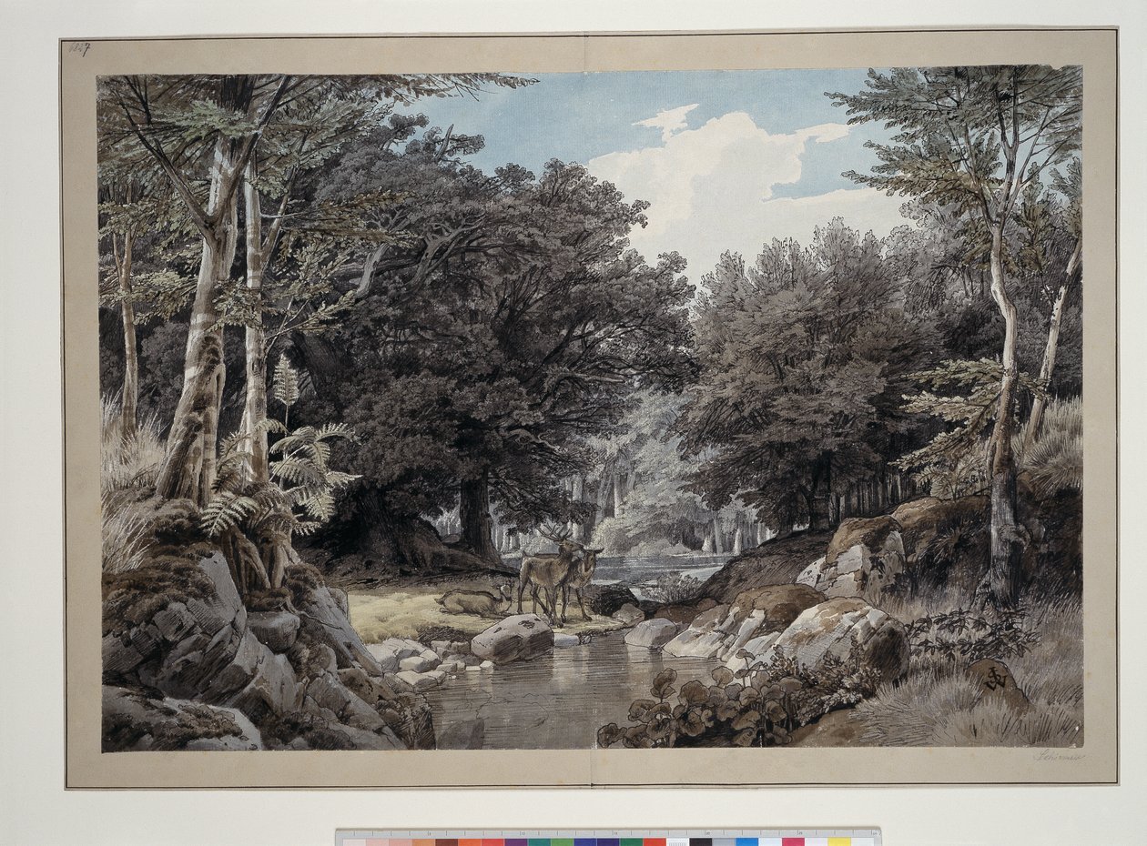 Interior de floresta com veados junto à água de Johann Wilhelm Schirmer