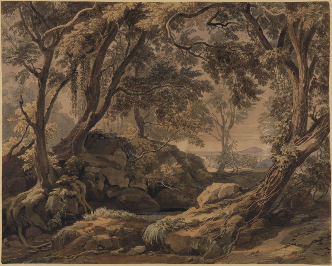 Paisagem florestal com vista de Olevano e do Monte Cavo de Johann Wilhelm Schirmer