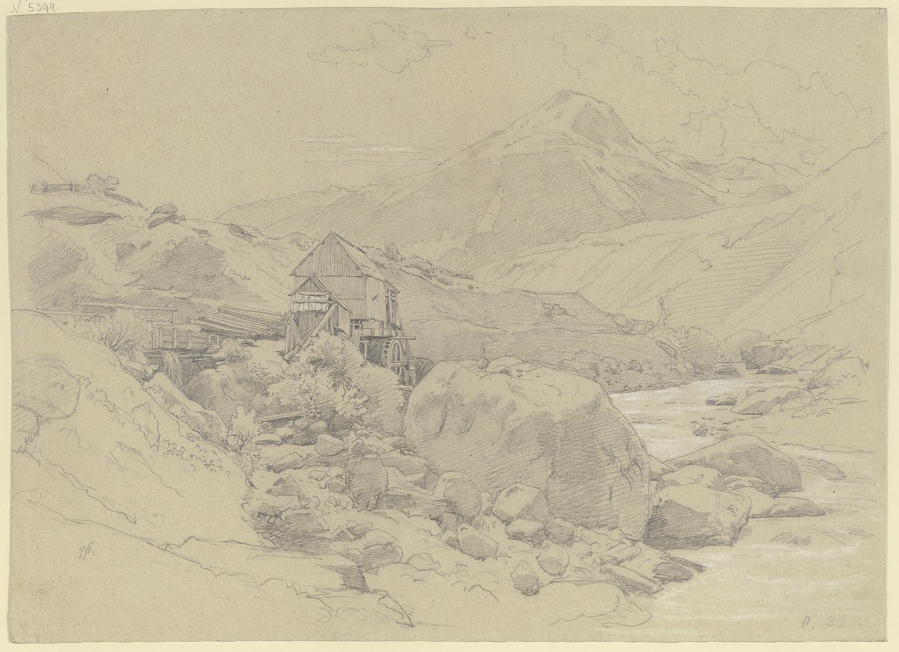 Moinho de água numa paisagem montanhosa de Johann Wilhelm Schirmer