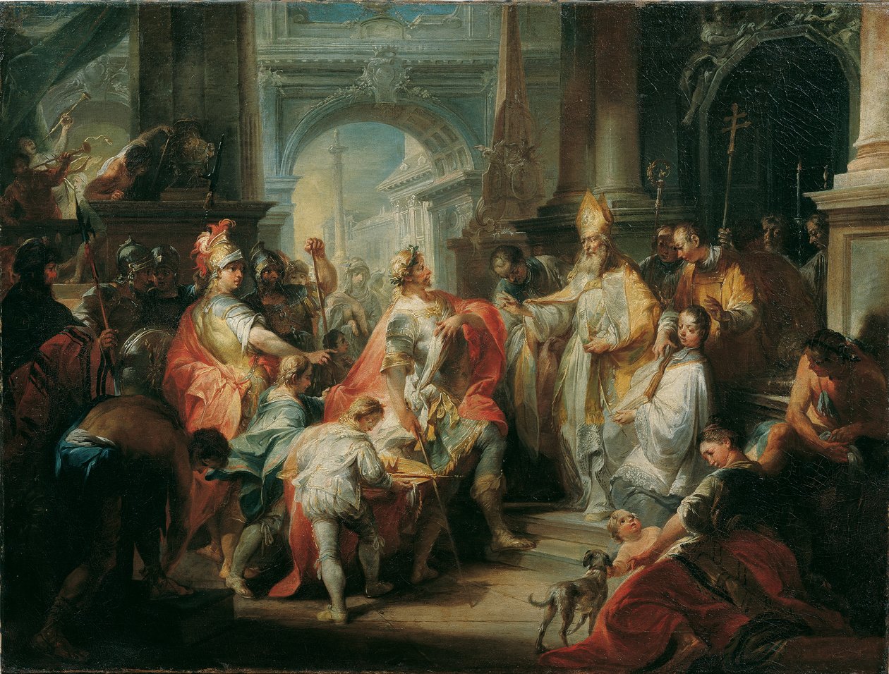 Santo Ambrósio nega a entrada do imperador Teodósio na Catedral de Milão de Johann Wolfgang Baumgartner