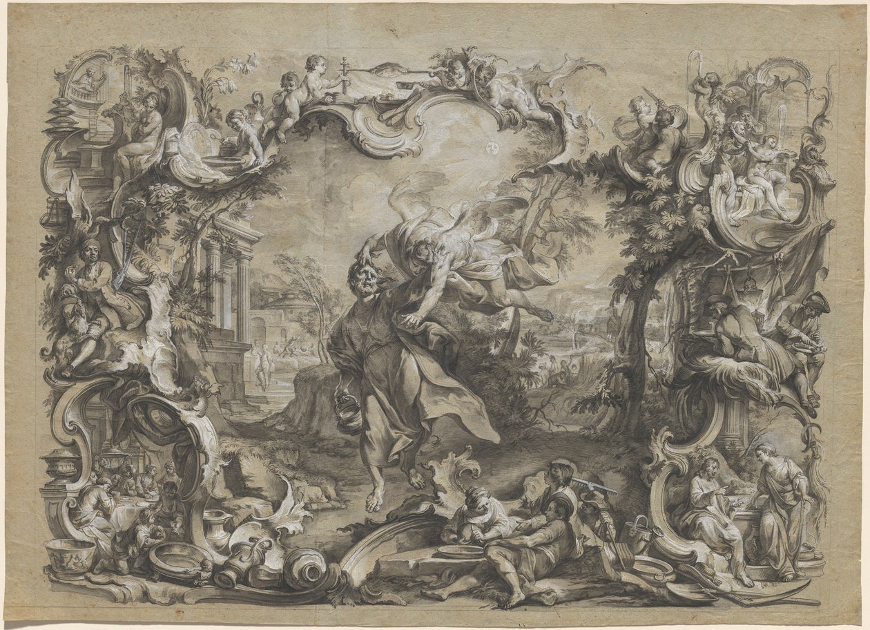 O anjo carregando Habacuque pelos cabelos, cercado por uma elaborada moldura rococó de Johann Wolfgang Baumgartner
