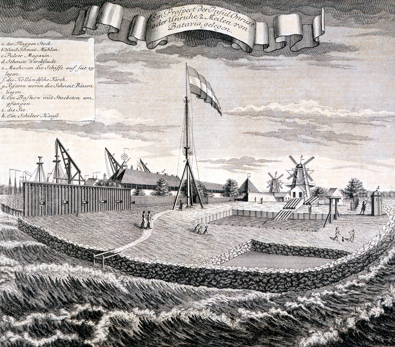 Madeira ou serraria da Companhia Holandesa das Índias Orientais na ilha a duas milhas de Batavia, pub. 1744. de Johann Wolfgang Heydt