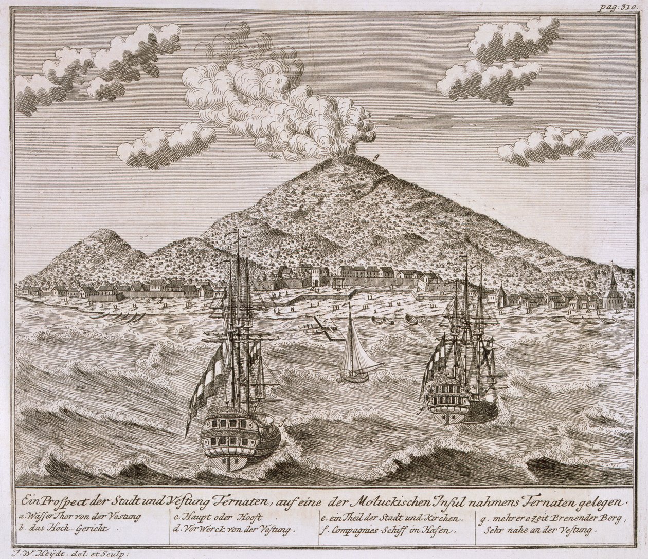 A ilha chamada &39;Ternate&39; nas Molucas, a costa e as companhias holandesas da East India Company na década de 1730, a partir de uma série de vistas da &39;Schau-platz de África e Ost-Indien&39; da Batávia, publicada em 1744 de Johann Wolfgang Heydt
