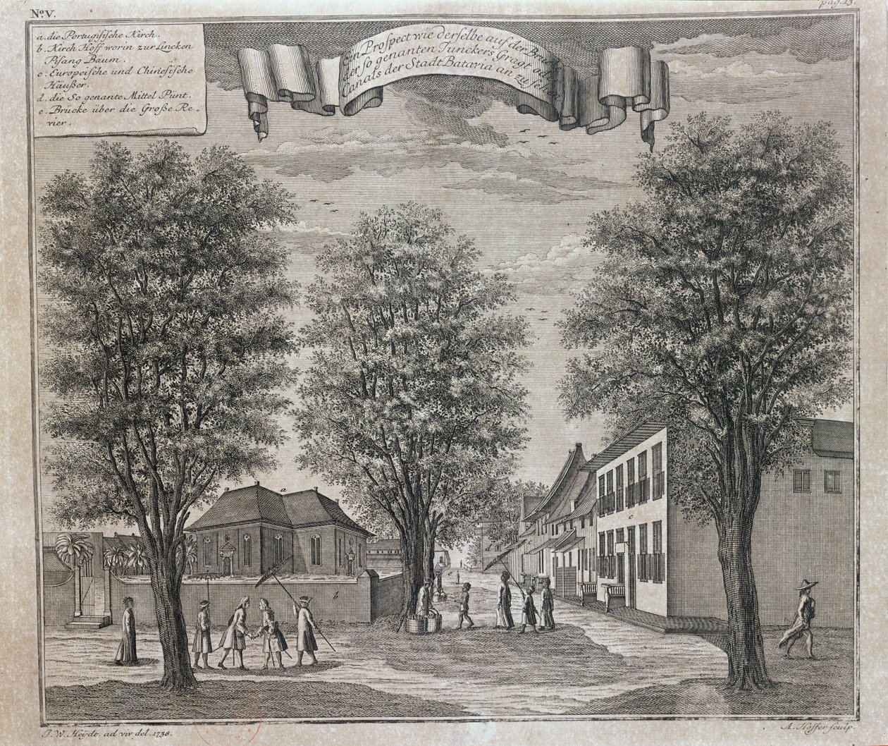 A Igreja Portuguesa e as casas chinesas e europeias numa rua de Batávia, a partir de uma série de vistas da Batávia Schau-platz da África e Ost-Indien, publicada em Nuremberga em 1744 de Johann Wolfgang Heydt