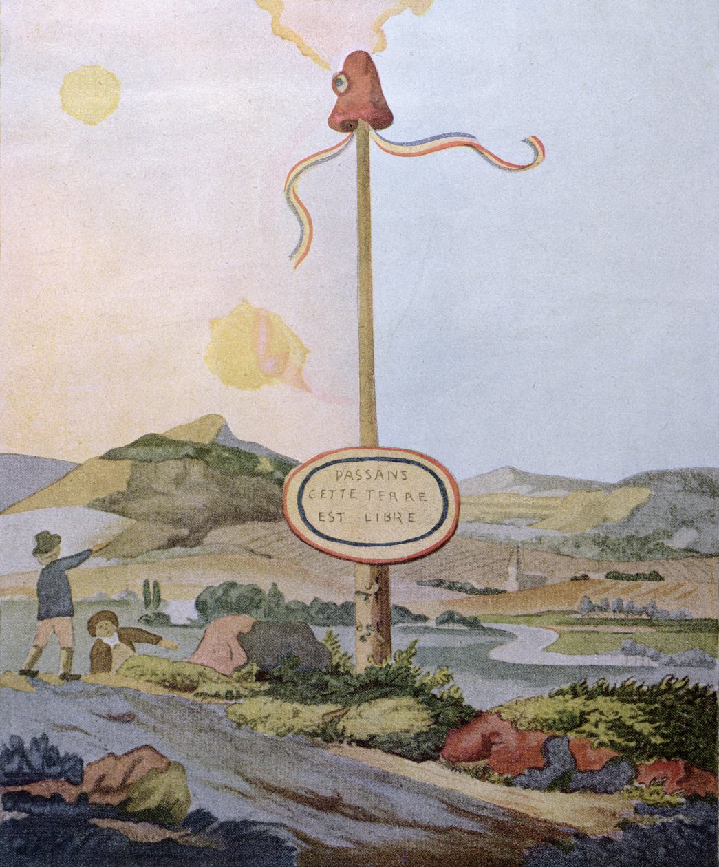 "Wanderers, esta terra é livre", pólo da liberdade na fronteira franco-luxemburguesa no Mosela, reprodução de uma aquarela original feita em 1792, c.1847 de Johann Wolfgang von Goethe