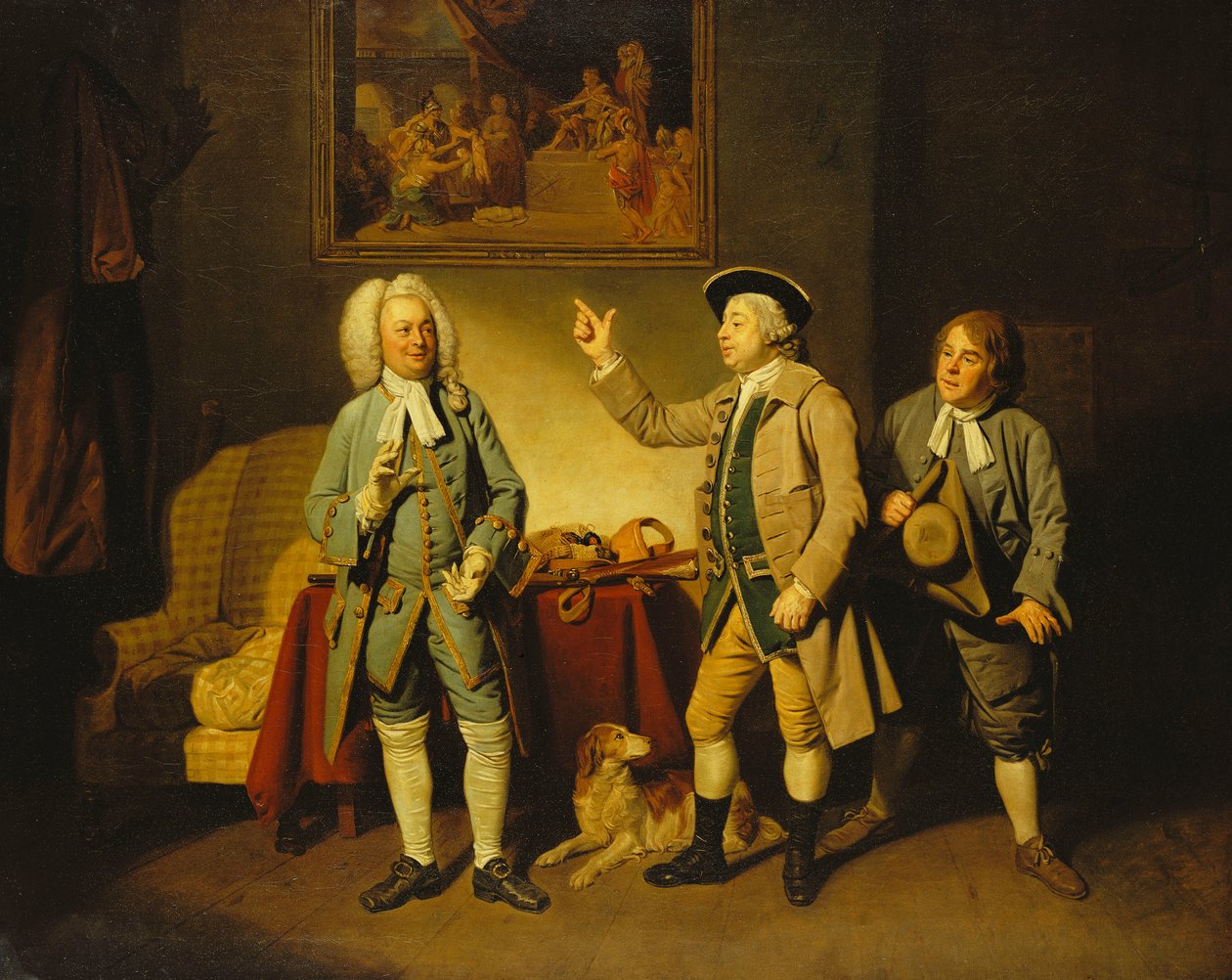 Uma cena de "Love in a Village", de Isaac Bickerstaffe, Ato 1, Cena 2, com Edward Shuter como Justice Woodcock, John Beard como Hawthorn e John Dunstall como Hodge, de Johan Joseph Zoffany
