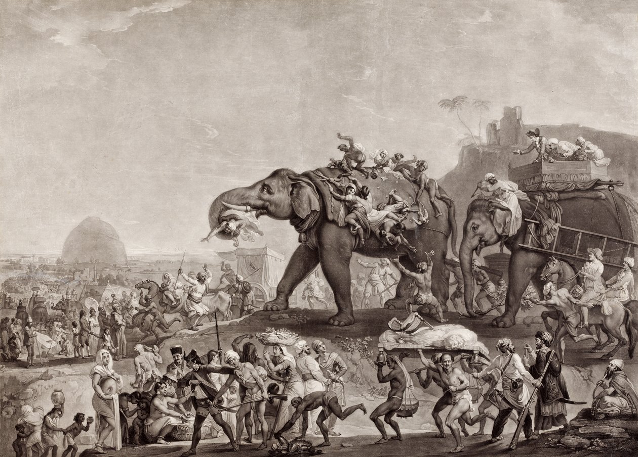 Embaixada de Hyderbeck em Calcutá, do Vizir de Oude, no Caminho de Patna, no ano de 1788, para conhecer Lord Cornwallis, pub.c.1800 (mezzotint) de Johan Joseph Zoffany