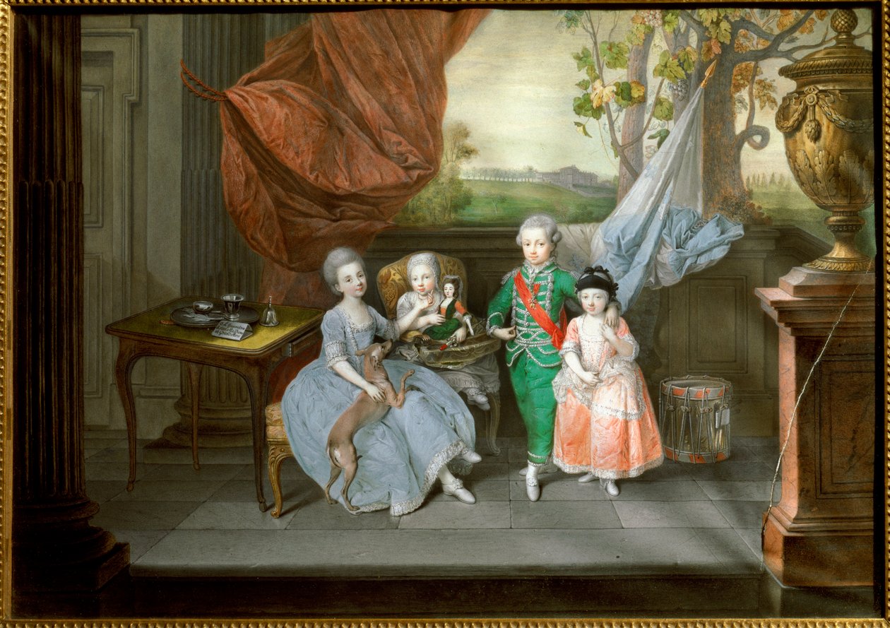 Retrato de Luís I de Etruria , com suas irmãs Caroline, Maria Antonieta e Charlotte, c.1780 (pintura) de Johann Zoffany