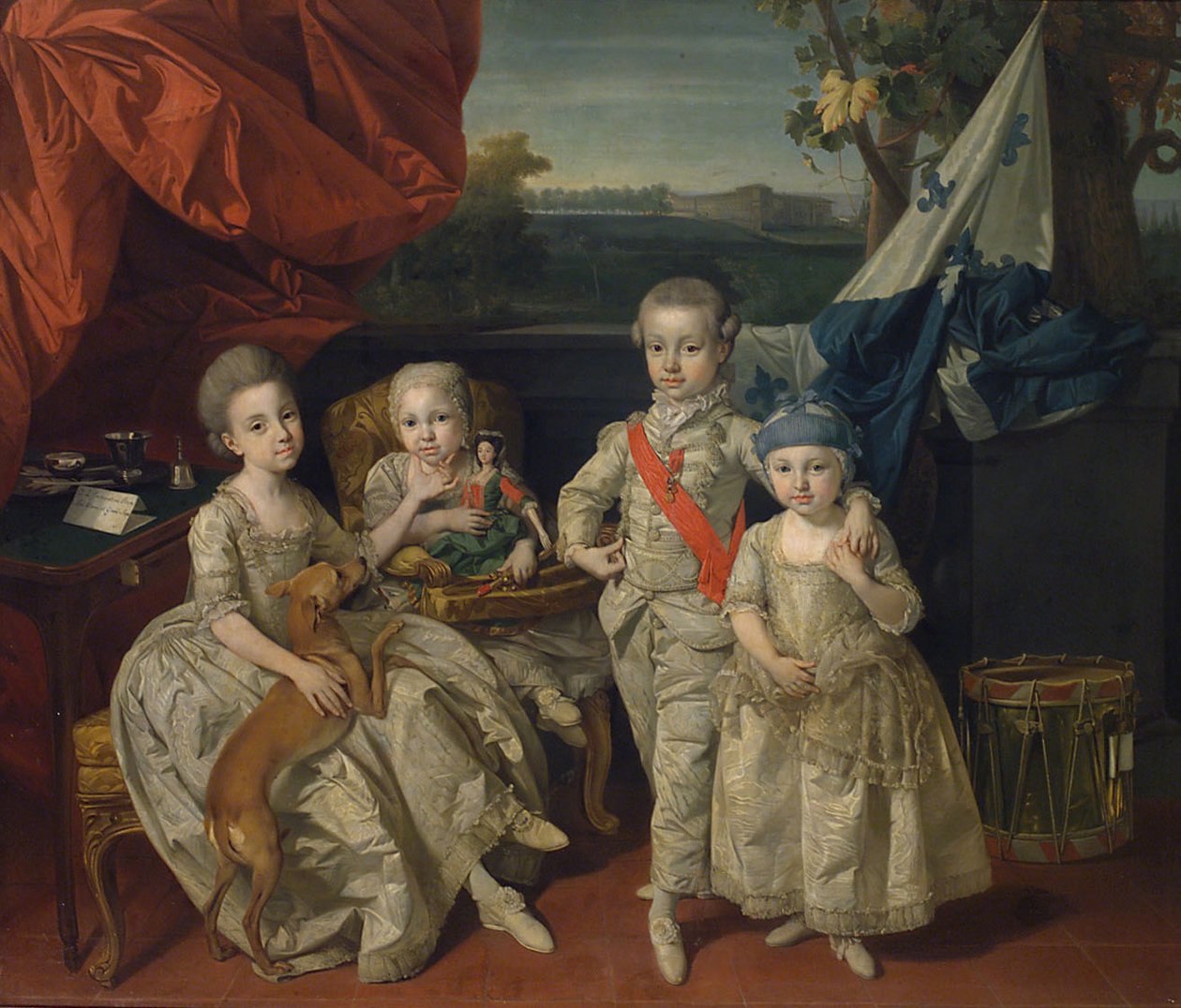 Príncipe Ludwig de Parma (1773-1803) com seus três irmãos mais velhos Karoline (1770-1804), Marie Antonie (1774-1841) e Charlotte (1777-1813) de Johann Zoffany
