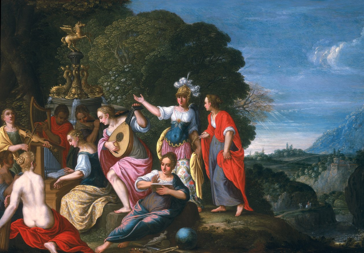 Athene e as Nove Musas nos Poços de Hipokrene, 1624 (óleo sobre cobre) de Johann or Hans Konig