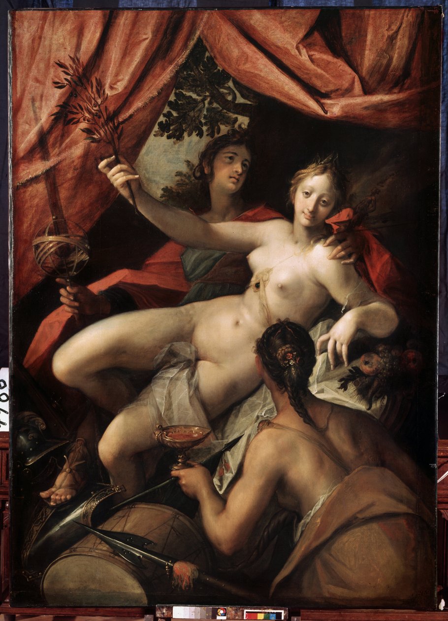 "Alegoria da Paz, Arte e Abundância". Na parte de trás, Arte e Ciência simbolizada por uma esfera e uma paleta. No meio, a Paz segura um ramo de oliveira. Abundância é representada com uma chávena de Johann or Hans von Aachen